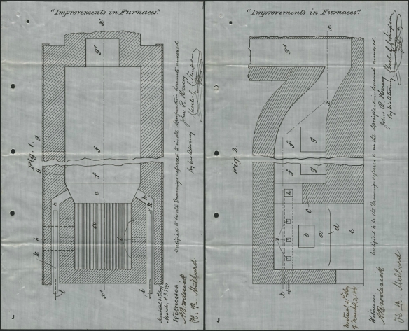 Deux dessins montrant des brevets d’invention pour une fournaise.