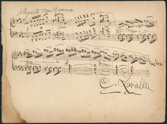 Page en papier sépia des notations musicales écrites à la main signées C. Lavallée. 