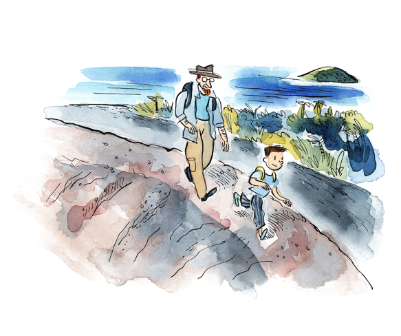 Une illustration en aquarelle d’un homme et d’un enfant portant des sacs à dos, en randonnée au bord de la mer.