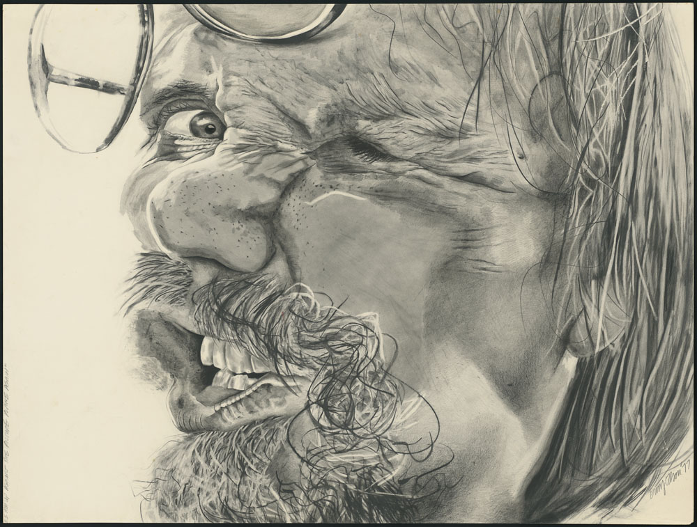 Un dessin au crayon du visage d’un homme pressé contre un morceau de verre. La majorité de son profil gauche est indiscernable, mais son œil droit est extrêmement concentré.
