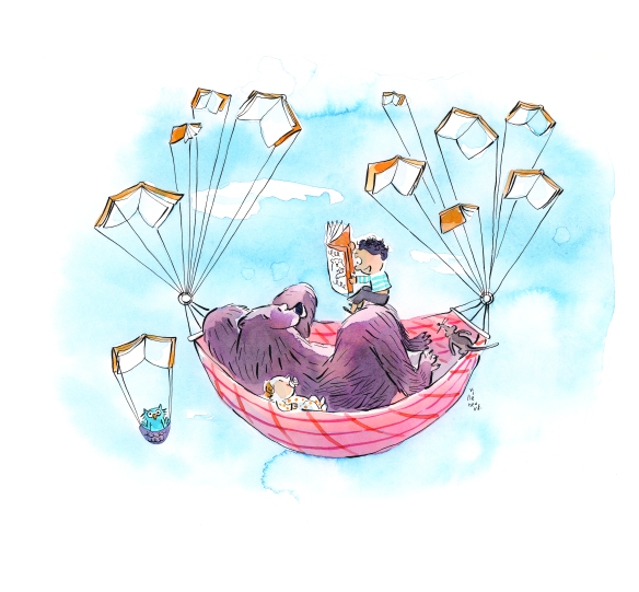 Une illustration en aquarelle d’un ours et de deux enfants dans un hamac qui flotte dans le ciel bleu soutenu par des livres ouverts. L’enfant le plus âgé lit une histoire pendant que le bébé écoute attentivement. 
