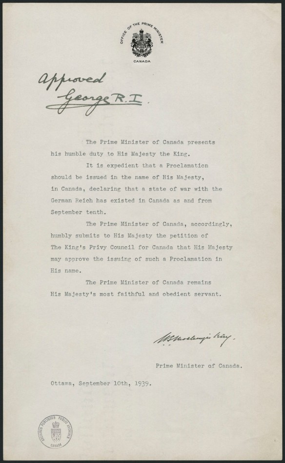 Document dactylographié d’une page, daté du 10 septembre 1939 et demandant au roi d’autoriser le Canada à émettre une proclamation pour déclarer la guerre au Reich allemand.