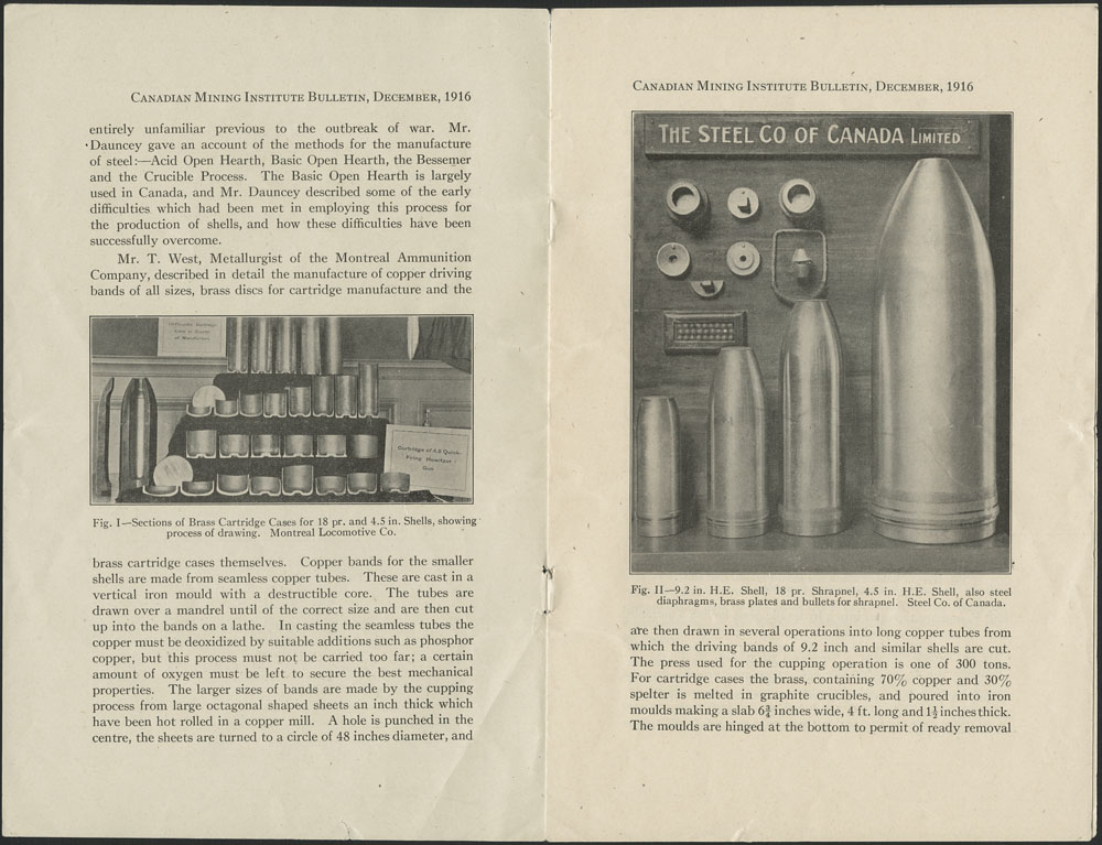 Deux pages imprimées de la revue Canadian Mining Institute contenant des photographies noir et blanc d’obus produits par la Stelco.
