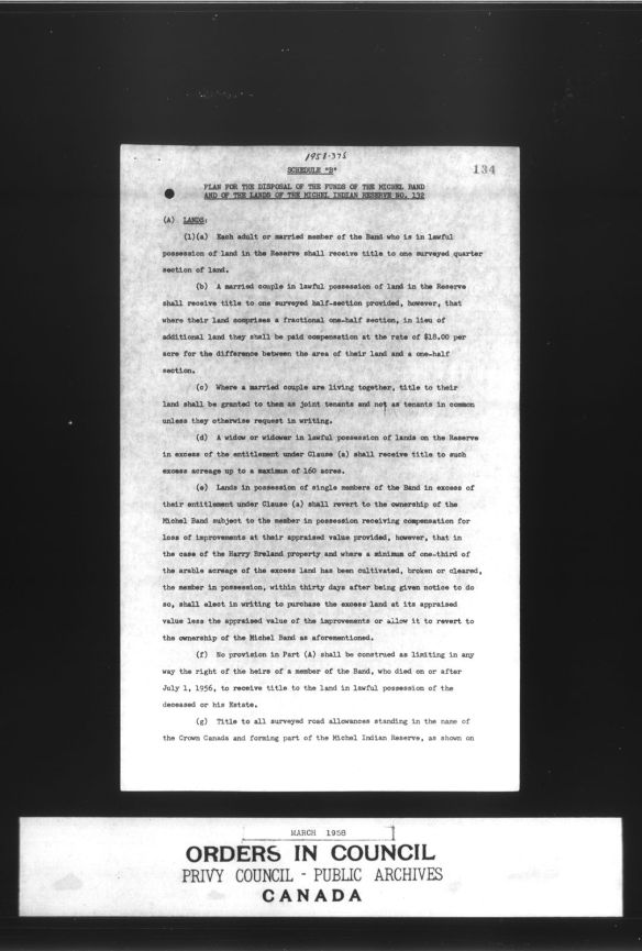 Texte dactylographié en noir et blanc décrivant l’affectation des fonds de la bande de Michel et des terres de la réserve indienne de Michel n° 132.