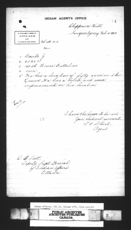 Page du Indian Agent’s Office (Bureau de l’agent des Indiens), Chippewa Hill, bureau de Saugeen, 14 février 1919. 