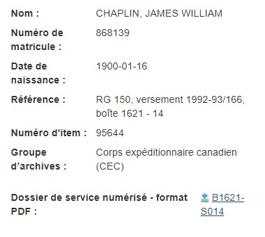 Écran montrant la page de référence pour James William Chaplin dans la base de données Dossiers du personnel de la Première Guerre mondiale. 