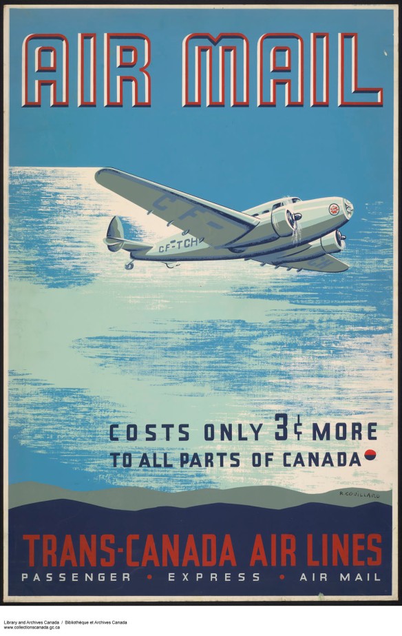 Un avion vole au-dessus d’un message écrit en anglais disant : « Ne coûte que trois sous de plus, n’importe où au Canada »