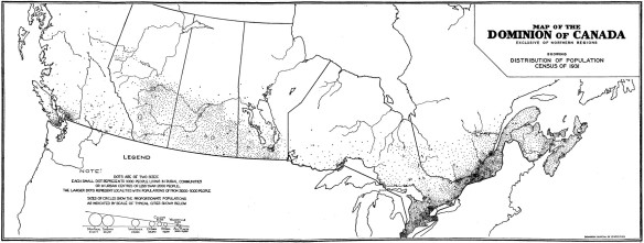 Une carte du Canada sur laquelle on peut voir des points noirs de différentes tailles.