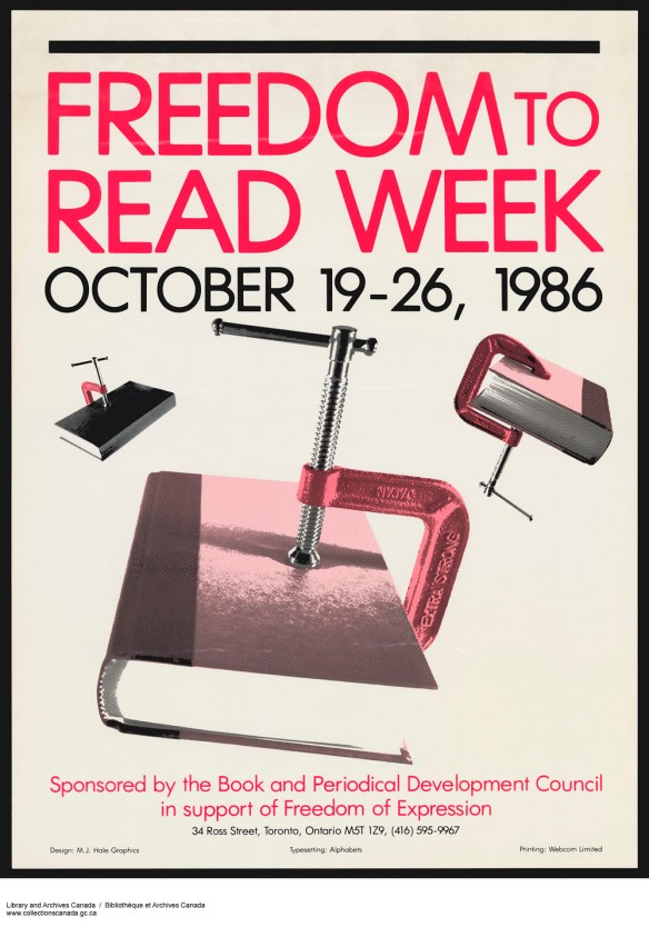 Affiche pour la Semaine de la liberté d’expression du 19 au 26 octobre 1986. Trois livres sont fermés par des étaux.