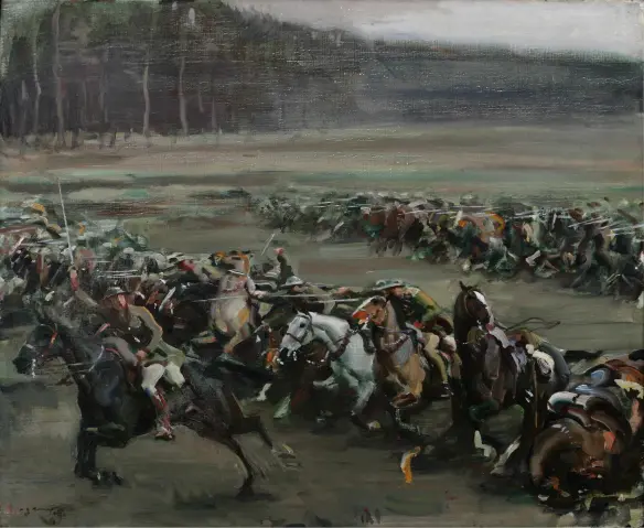 Deux rangs de chevaux de la brigade de cavalerie canadienne chargent l’ennemi.