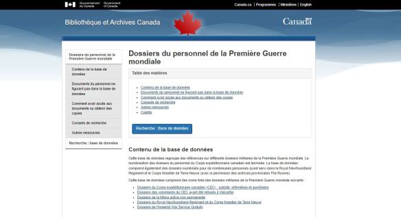Page d’accueil de l’ancienne base de données sur les dossiers du personnel de la Première Guerre mondiale, sur le site de Bibliothèque et Archives Canada.