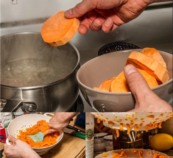 Mosaïque de trois images : des tranches de patates douces sont déposées dans un chaudron d’eau bouillante; des patates douces sont écrasées à l’aide d’une spatule; et la purée de patates passe à travers les trous d’une passoire.